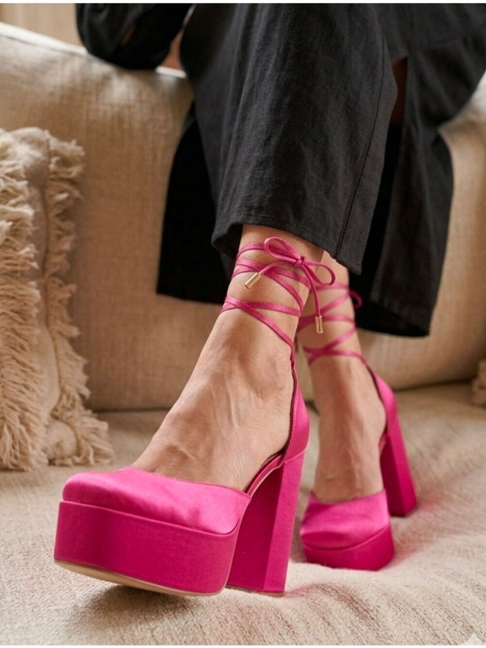 Hot Pink Block Heel Satin Platform Pumps With Ankle Straps - Womens Shoes